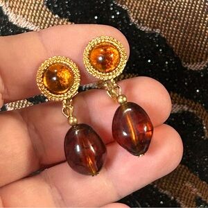 Vintage Crown Trifari mid century amber lucite dangle earrings